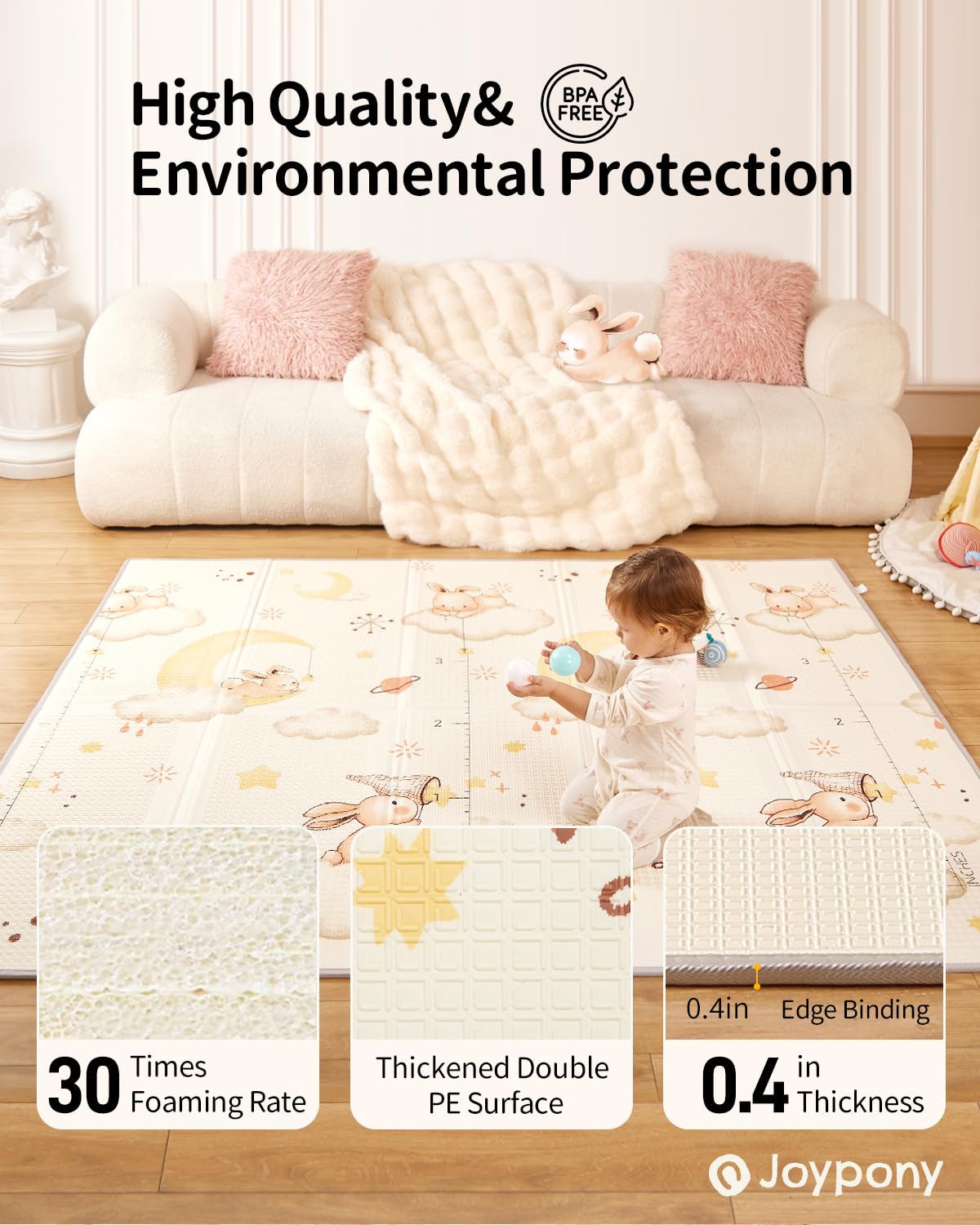 Joypony Large Baby Play Mat, 50 x 50 in, Foldable, Double-Sided, for Babies and Toddlers