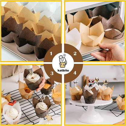 Katbite Tulip Cupcake Liners 200PCS, Muffin Baking Cupcake Liners Holders, Baking Cups, Cupcake Wrapper for Party, Wedding, Birthday, (Nature)