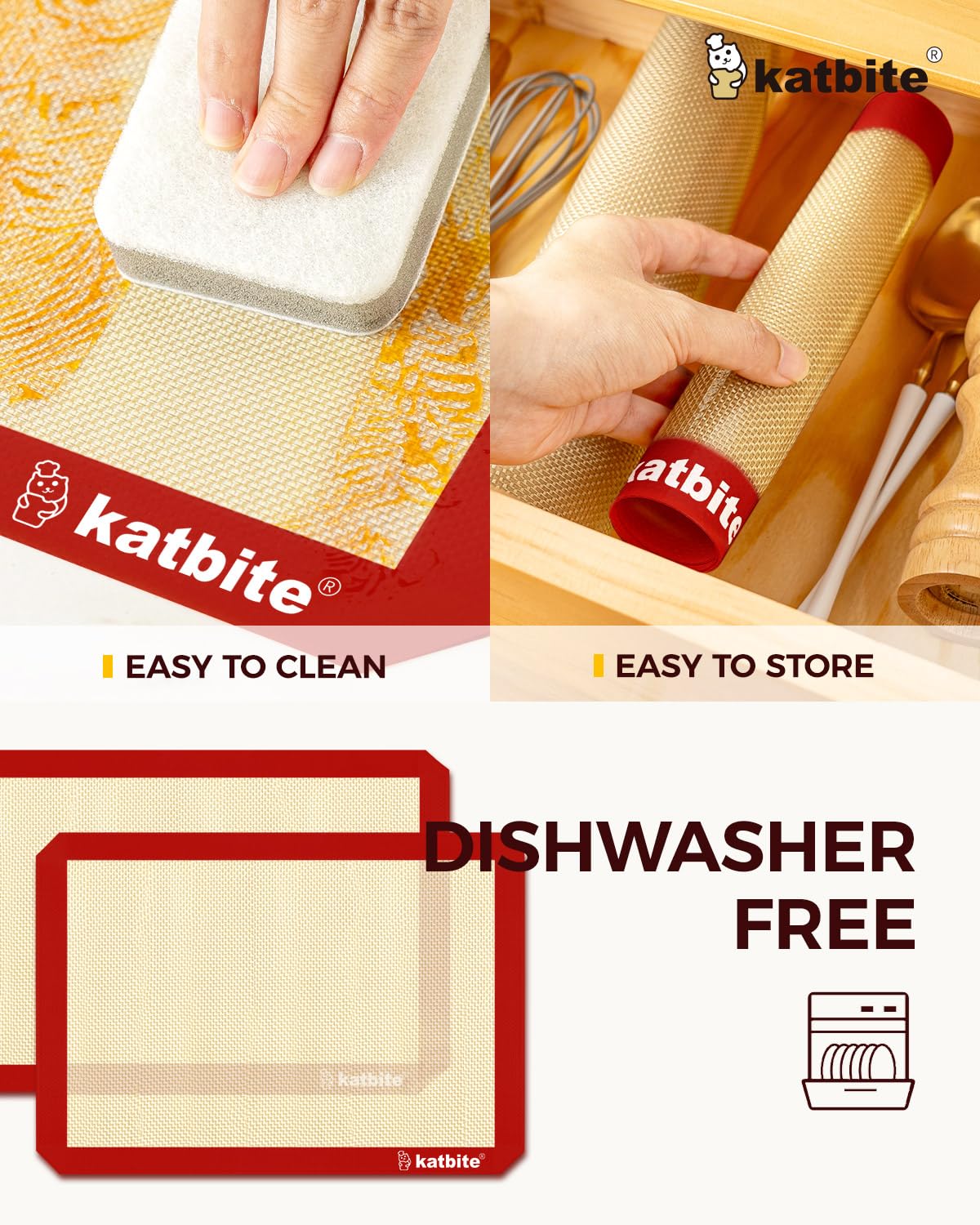 Katbite Silicone Baking Mat 3PCS 11.6 in x 16.5 in Reusable & Nonstick Bakeware Mats,Red