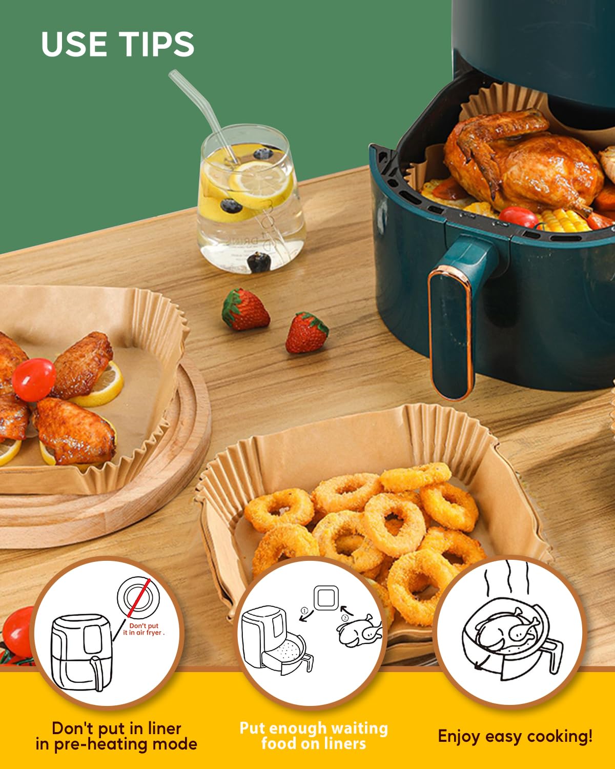 Katbite 6.3 Inch 130PCS Square Disposable Air Fryer Liners, Unbleached Non-Stick & Oil-proof Parchment Paper