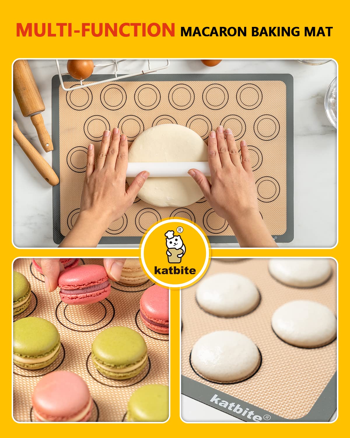 Katbite Macaron Silicone Baking Mats Set of 2 Half Sheet (11 5/8" x 16 1/2") Reusable & Nonstick Silicone Bakeware Mats