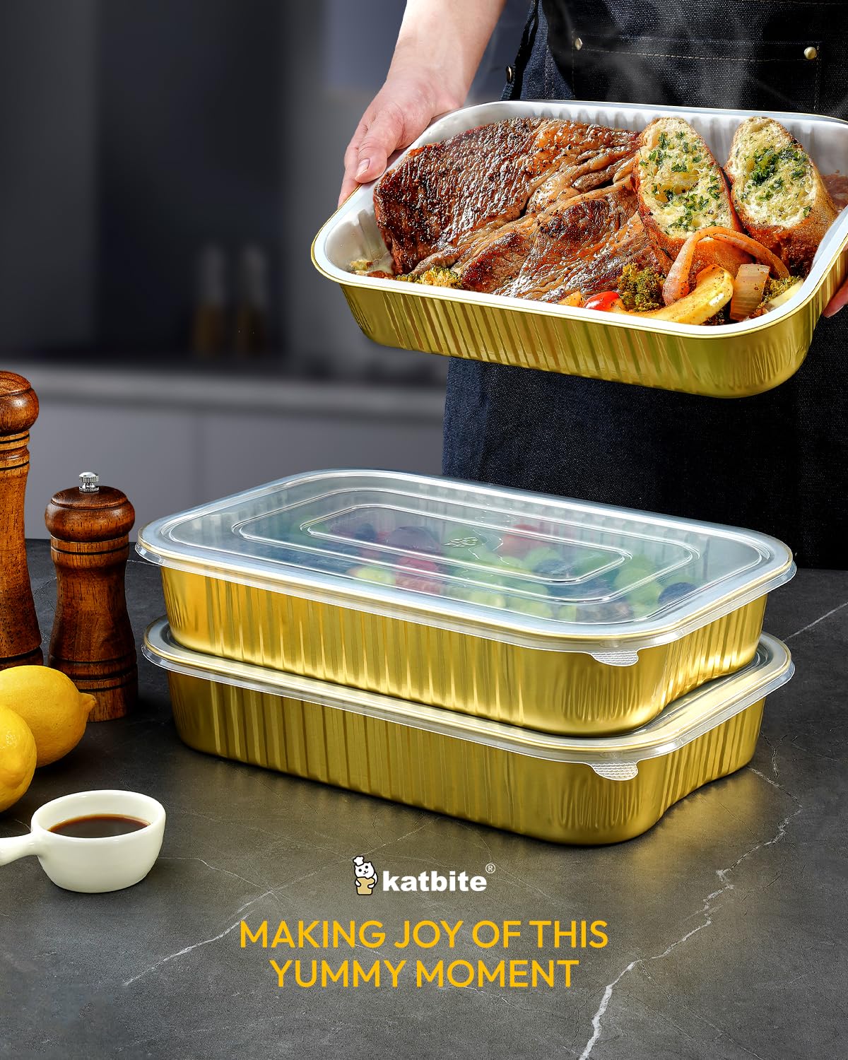 Katbite Heavy Duty Aluminum Pans with Lids 9"x13" (10 Pack), Double Thickened Tin Foil Food Containers