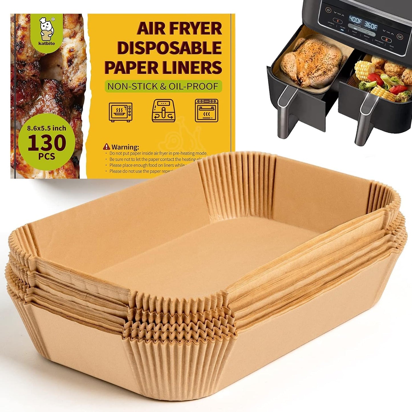 Katbite Air Fryer Liners Disposable 130PCS, 8.6x5.5'' Rectangle Liners For Air Fryer Basket